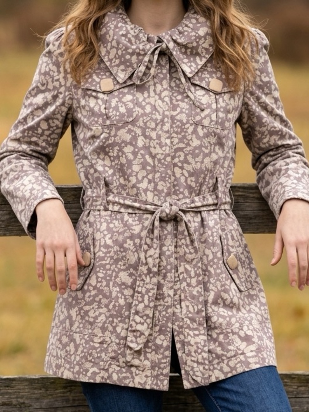 Luii Taupe Floral-Print Belted Utility Jacket